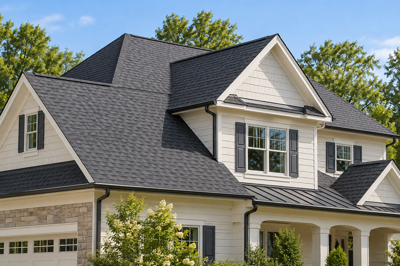Suburban home with a charcoal shingle roof